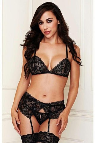 Black Floral Lace Bra, Garter & G-String in S-M