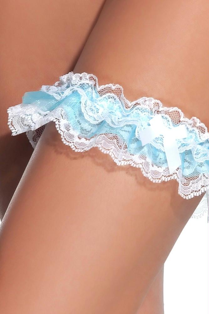 Ruffled White & Blue Lace Leg Garter in OS