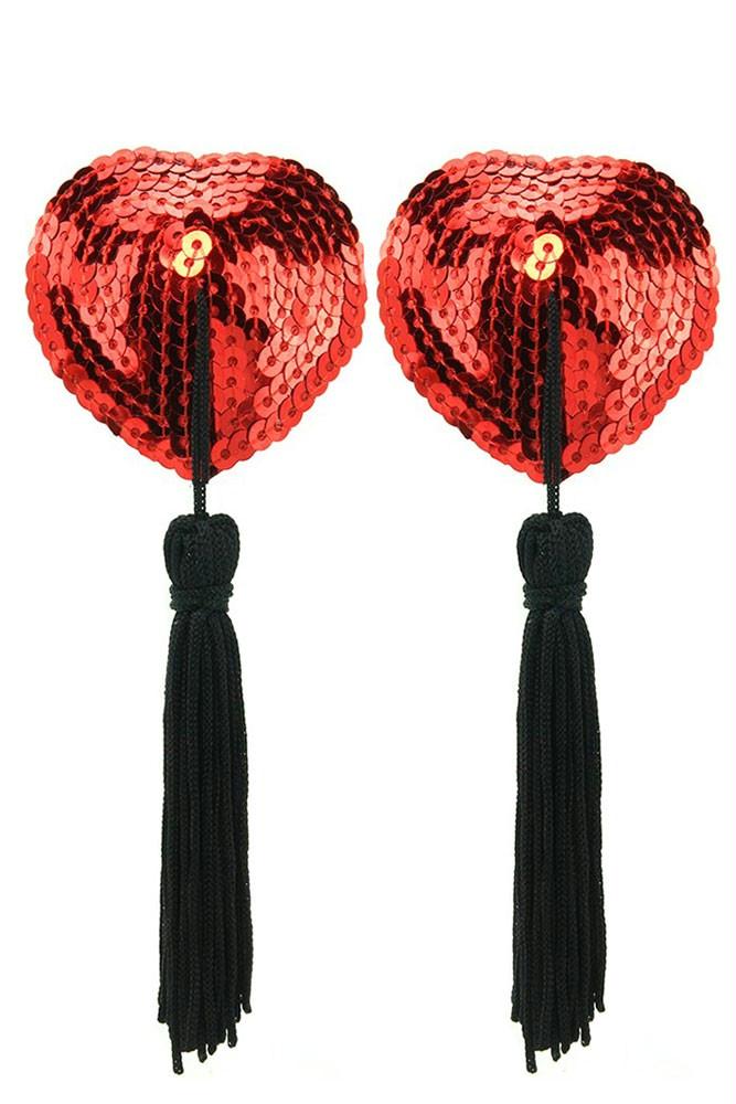 Sequined Heart Pasties With Tassels in Red-Black