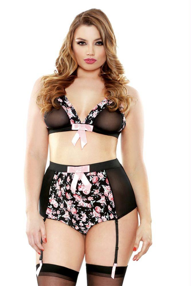 Heather Retro Floral Bra and Garter Panty in 3X-4X