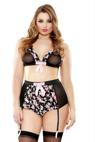 Heather Retro Floral Bra and Garter Panty in 3X-4X