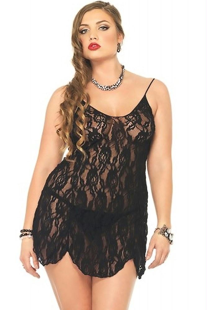 Rose Lace Flared Chemise & G-String Set in OSXL