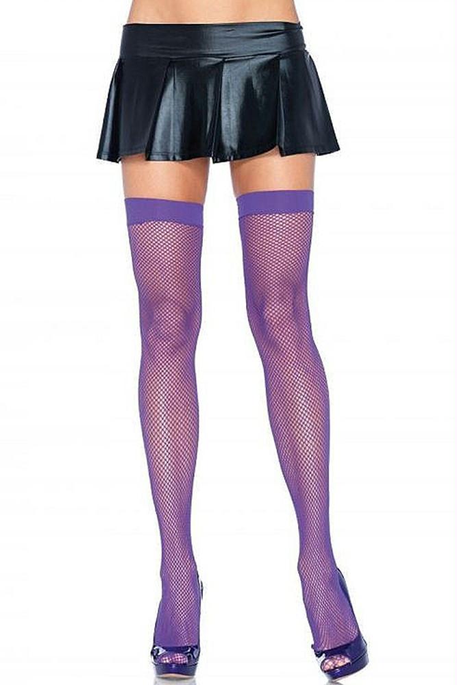 Neon Purple Nylon Fishnet Thigh Highs in OS