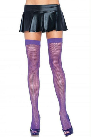 Neon Purple Nylon Fishnet Thigh Highs in OS