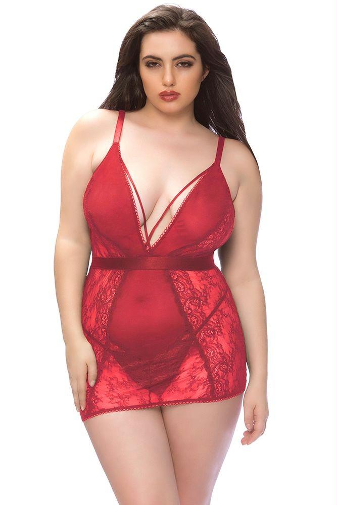 Vivian Red V-Plunge Lace Babydoll in 1X