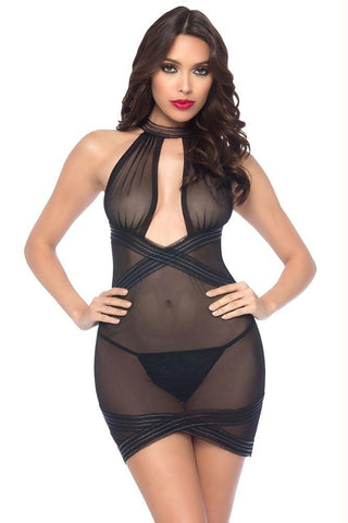 Isabella Black Collared Mesh Babydoll in OS