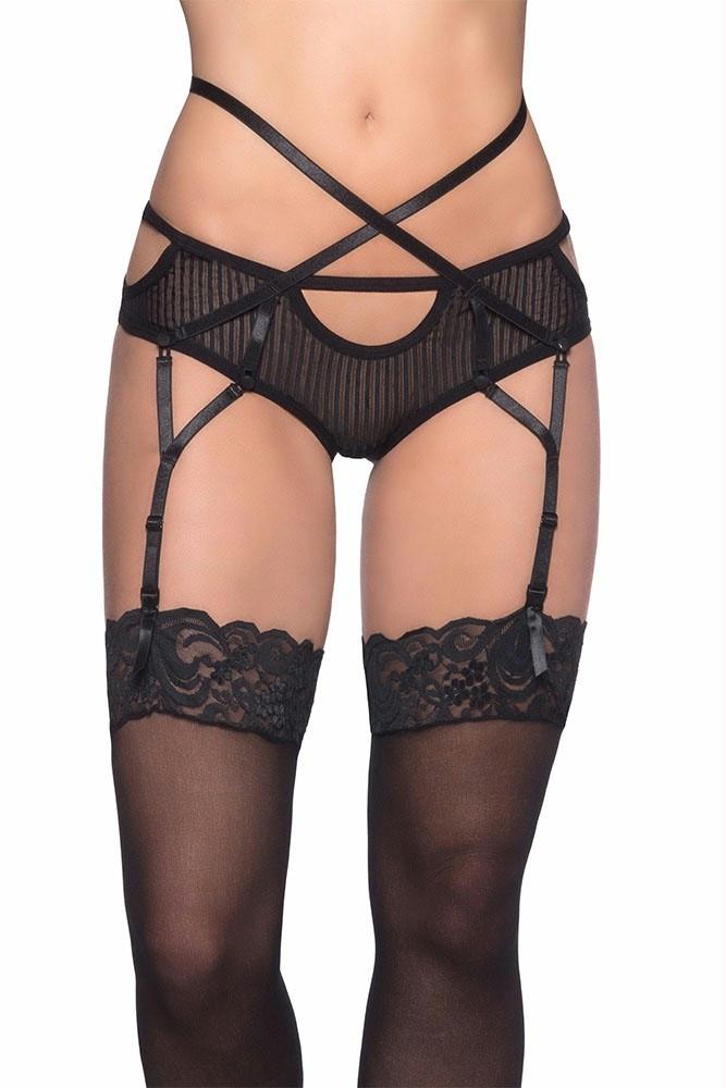 Striped Black Mesh Garter Boyshort in S-M