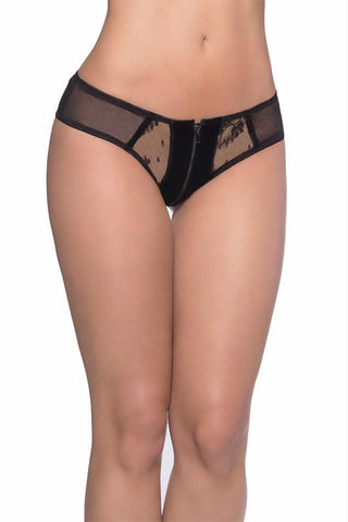 Black Velvet & Lace Zipper Front Hipster Panty in S-M