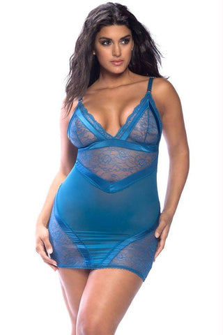 Mykonos Blue Satin Trimmed Babydoll & G-String in 4X