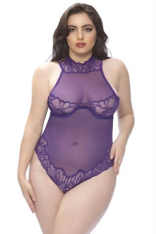 Dark Plum High Neck Lace & Mesh Teddy in 1X