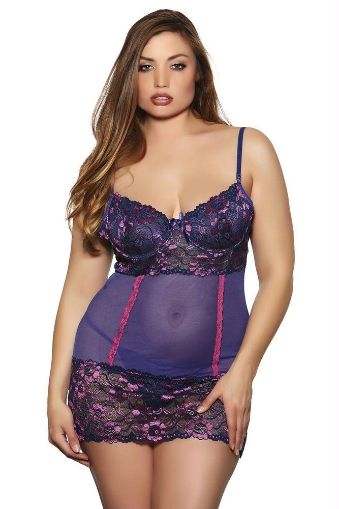 Purple and Pink Floral Lace Chemise with Panty in 1X
