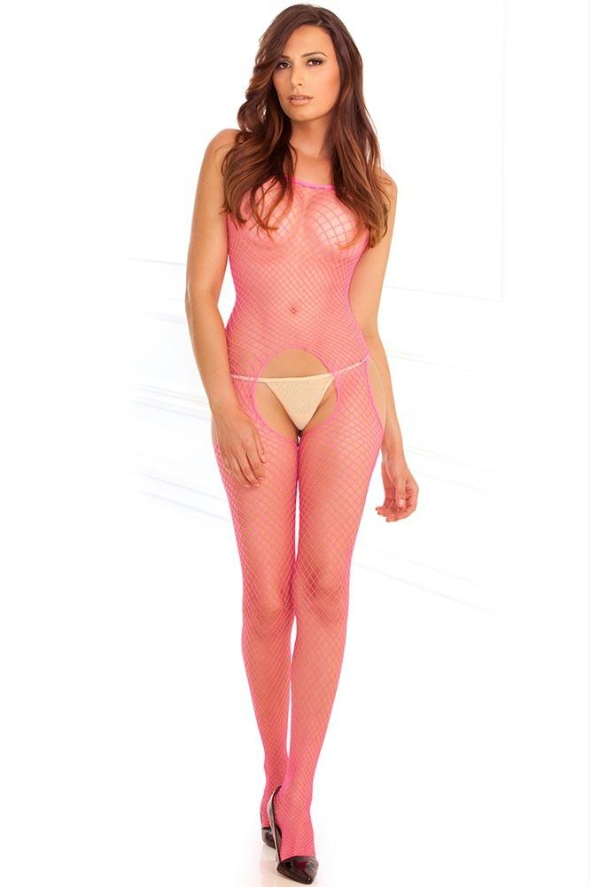 Industrial Net Pink Suspender Bodystocking in OS