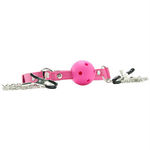 Ouch! Ball Gag with Nipple Clamps in Pink