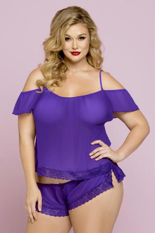 Violet Chiffon Cami & Boxer Shorts in 1X-2X