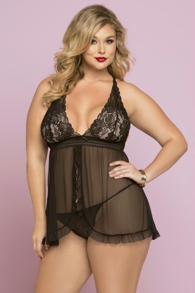 Black Peony Lace & Mesh Babydoll in 1X-2X