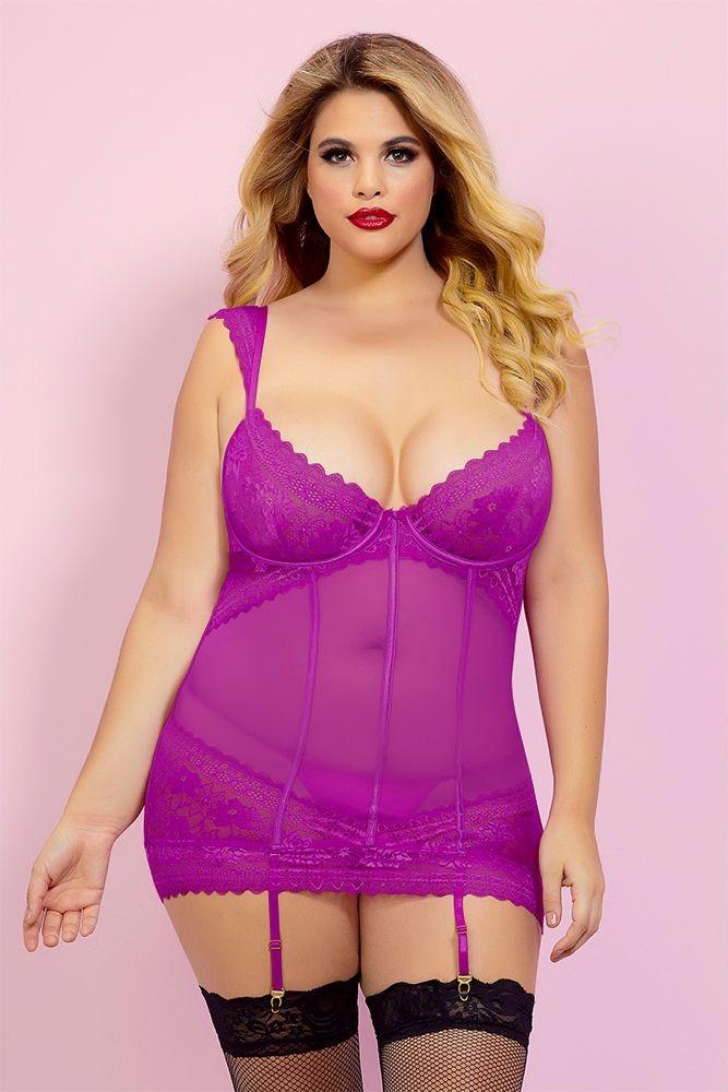 Orchid Galloon Lace Chemise and Thong in 1X-2X