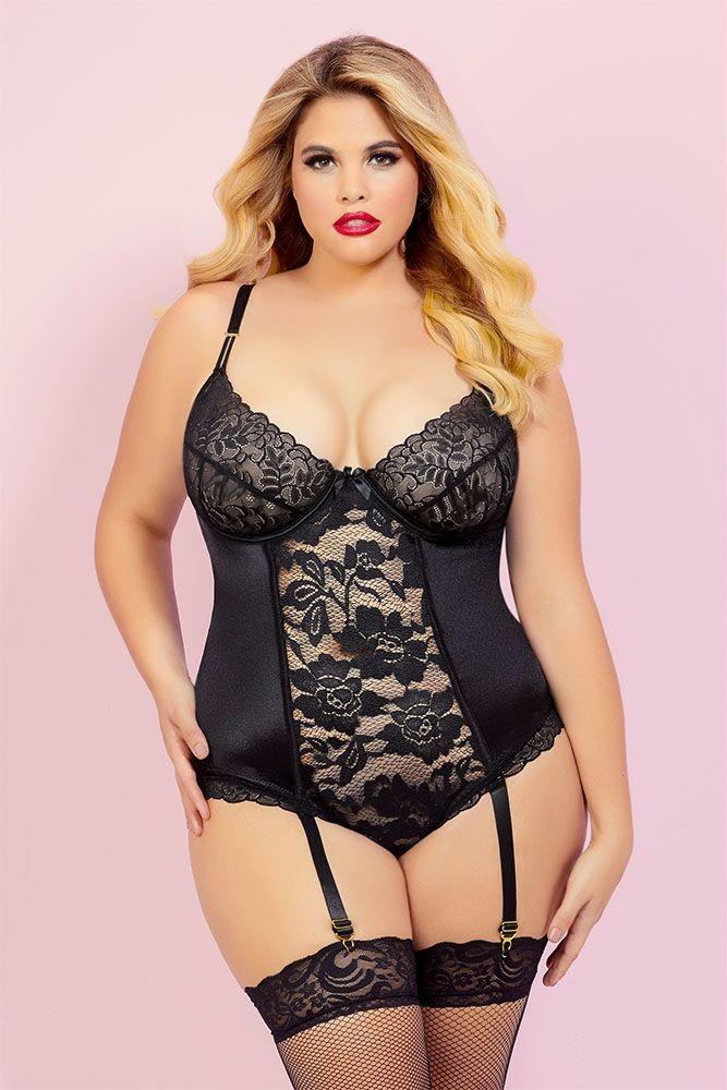Black Floral Lace and Microfiber Teddy in 1X-2X